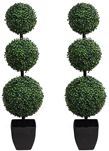momoplant Artificial Topiaries Ball Tree Outdoor, 3.3ft Fake Topiary Triple Ball Boxwood Trees(2 Pieces), Faux Shrubs Plants Potted Green Decorative Indoor Porch or Garden(40inch)