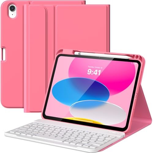 MoKo for iPad (A16) 11th Generation Case with Keyboard 11 inch 2025, iPad 10th Generation 10.9 inch Keyboard Case with Pencil Holder, Multi-Angle Detachable Bluetooth Keyboard, Pink