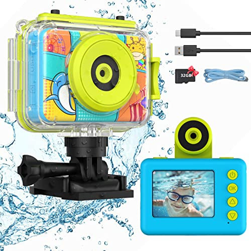 Ushining Kinderkamera - Wasserdichte Digitalkamera mit 12 MP, 1080P HD Video, Selfie-Funktion, Unterwasser-Kamera für Kinder mit 2,0 Zoll Bildschirm, 32GB SD-Karte, Blau