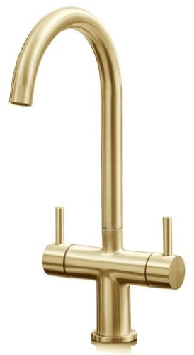 Liquida W03BG Monobloc Swan Neck Twin Lever Brushed Gold Kitchen Mixer Tap