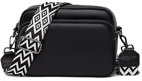 YILCER Crossbody Bag for Women, Small Genuine Leather Camera Handbag Wide Strap Ladies Cross Body Bag, Shoulder Purse with Adjustable and Removable Guitar Strap (A-Black)