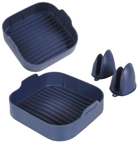 Mypicompany. 2 Molde Silicona Freidora de Aire de 20 cm+2 Guantes Silicona Horno. Silicona Freidora Aire color azul marino. Recipientes para freidora de aire. Accesorios Airfryer.