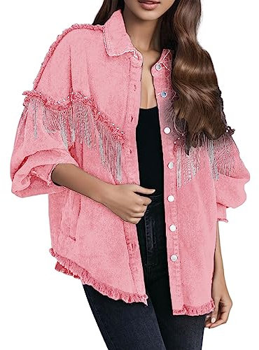 KBOPLEMQ Veste en jean pour femme - Grande taille - Décontractée - Décontractée - Frange - Strass - Cowgirl - Jeans - Manches longues, Rose, XL