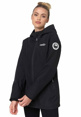MARIKOO Übergangsjacke Damen (XS-XXL) - Atmungsaktiv, Innen Samtweicher Stoff, Kapuze, Winddicht - leichte Jacke lang - Stehkragen, 3 Taschen, verlängerter Zipper - Schwarz L