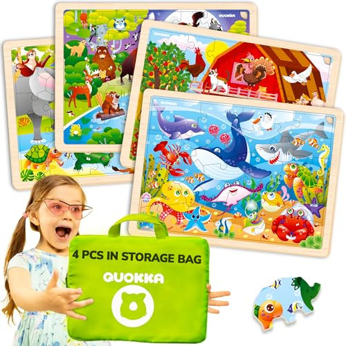 QUOKKA Kinderspielzeug Puzzle ab 3 4 5 Jahre - 4x24 Montessori Holzpuzzle Spiele ab 3 Jahre - Lernspiele Puzzle ab 5 - Geschenk Spielzeug für Mädchen and Junge ab 6 7 mit Afrikanischen Ozeantieren
