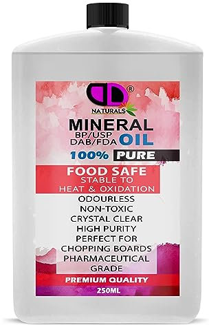 250ml Postal Friendly | Pure Mineral Oil Premium Food Safe, Chopping Board Oil, Cutting Board, Worktop, Butcher Blocks, Countertops Wood, Slate, Stone- Tasteless, odourless & Clear (250ml Cap)