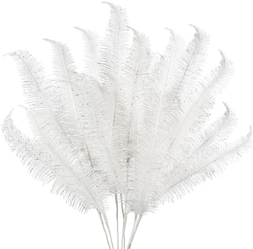 Oairse 8 plettri e spray per albero di Natale, colore bianco, glitterati, 71,1 cm, piume glitterate, foglie, steli per albero di Natale, rami, ghirlande, centrotavola, decorazioni per le vacanze