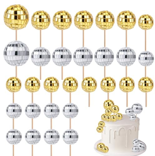 30pcs Disco Ball Cupcake Toppers, Mini Disco Ball Picks Retro Cake Decorations with Stick 70s Disco Theme Party Supplies for Dessert Birthday Decor Ornament (Silver, Gold)
