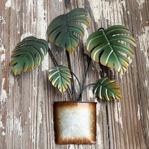 Sintosin Wanddeko im Vintage-Stil, klein, Metall, Monstera-Blatt, 25,4 x 30,5 cm, hängende tropische Palmenblätter, Metall-Wandkunst für den Außenbereich, 3D-grüne künstliche Topfpflanze