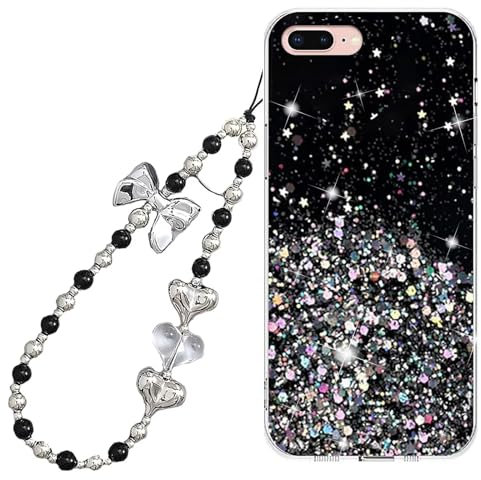 Rnrieyta Miagon Glitter Cover for iPhone 8 Plus/7 Plus,Soft Silicone Clear Sparkly Bling Star Bumper Case with Lovely Heart Butterfly Pearl Bracelet Chain Strap