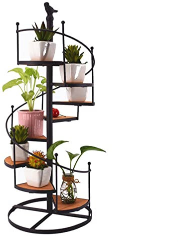 CVNIMV Pflanzenständer Retro Schmiedeeisen Holz Wendeltreppe Mehrschichtiges Blumentopfregal Balkon Wohnzimmer Gartenboden Blumenständer Blumenregale Rack