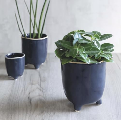 Blue Crackle Glaze Ceramic Plant Pot Cover with Feet 4 Sizes, Glazed Blue Plant Pot, Dark Blue Tripod Pot, Succulent Planter with Legs Feet Pot, Blue Plant Pot Cover with Feet Positano (Large)