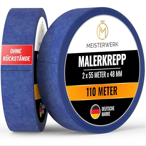 MEISTERWERK Malerkrepp für Malerarbeiten - (OHNE RÜCKSTÄNDE) - 110 Meter Kreppband (48mm Breite) - Rutschfestes Abklebeband für sauberes Renovieren, Streichen & Lackieren