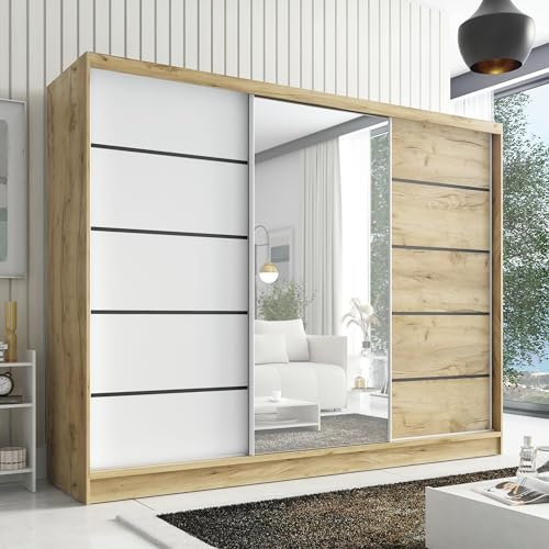 A&J MöbelLand Schwebetürenschrank Aurelia 2 Kleiderschrank 3-türig mit Schubladen, und Spiegel, Garderobe 200 cm (Eiche Kraft Gold/Eiche Kraft/weiß)