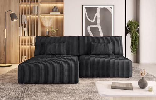 Easy4You Graphite Ecksofa Modulo Kord in L-Form 210x69x152 cm mit Schlaffunktion und Bettzeugbehälter - Schlafsofa mit Bettkasten - Eckcouch mit Stauraum - Stoff: POSO 34