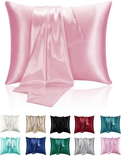 Lot de 2 Taies Oreiller en Satin, Oreiller Satin Satinées Housse d'oreiller Doux Prend Soin de Votre Peau et Antichute de Cheveux (Rose, 65x65)