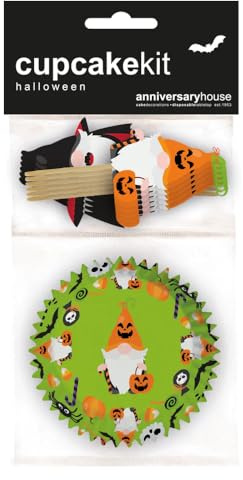 Anniversary House 28 pcs Halloween Gonk Cupcake Kit - 12 Gnome Cake Toppers & 16 Greaseproof Baking Cases - Halloween Party Cupcake Decorations for Muffins, Cakes - Trick-or-Treat & Themed Events