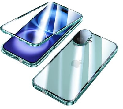 OUBELI Hülle für iPhone 16 Magnetische Adsorption Handyhülle 360 Grad Beidseitig Schutz transparent Handyhülle Vorne hinten Gehärtetes Glas Schutzhülle Metallrahmen Case. Grün