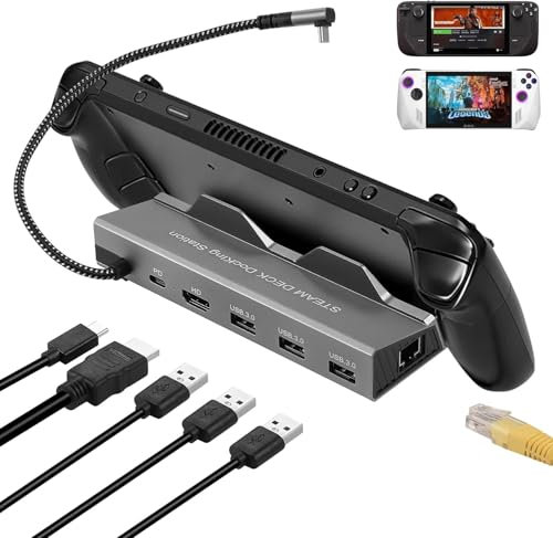 Docking Station per Steam Deck ROG Ally, 6 in 1 Steam Deck Dock con HDMI 2.0 4K@60Hz, 1000Mbps Gigabit Ethernet, 3 USB-A 3.0 e 100W Full Speed Charging USB-C Port Compatibile con Valve Steam Deck