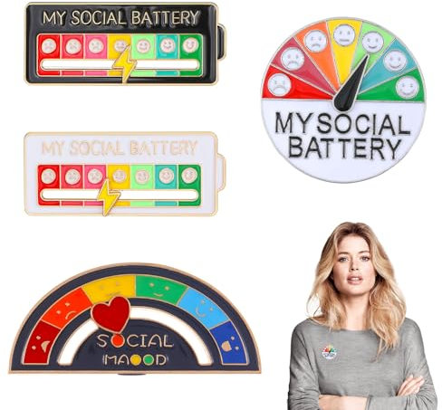 4Pcs Social Battery Badge Cute Enamel Pins Novelty Label My Social Battery Badge Funny Badges Social Battery Pin Creative Gift for Man Women Brooch Pin 7 Days Mood Pin Social Battery 3 Sizes