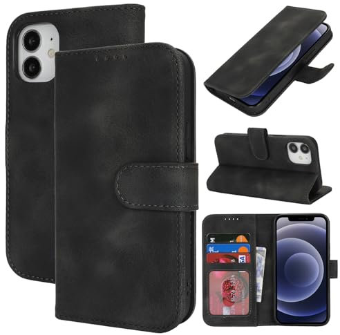 Zouzt Hülle für iPhone 12 Mini 5,4-Zoll, Stoßfestes PU Leder Handyhülle Lederhülle Klapphülle mit Kartenhalter und Standfunktion Flip Leather Wallet Phone Cover (Vintage Schwarz)