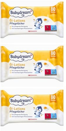 Babydream Öl-Lotions Pflegetücher, 3X 80 Stück, mit hochwertigen Pflanzenölen
