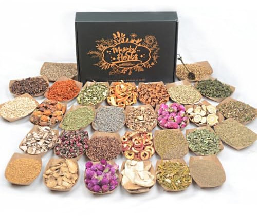 Magical Herbal Kit – 30 herbes séchées dans des sacs étiquetés, cuillère en cristal pour rituels wiccans, nettoyage énergétique, moulage de sorts, guérison spirituelle, pots de sorts, fabrication de
