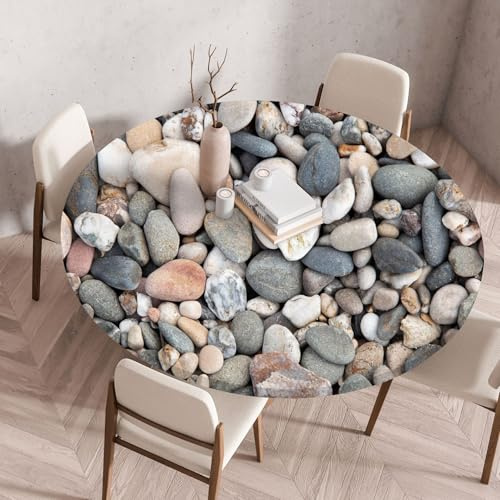 Mateju Runde Fitted Tischdecke, 3D-Kieselsteine Outdoor Wasserdicht Lotuseffekt Gartentischdecke, Abwaschbar Wischbare Gummiband Tischdecke Elastisch Rund Tischdecken (Hellgrau,100cm)