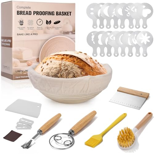 Brödjäsningskorg, 23 cm rund baneton, brotform naturlig rottingskål för bröd och deg, komplett bagerikit för nybörjare och erfarna