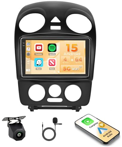 Hikity 4G+64G Android 15 Radio Coche VW New Beetle 2004-2010 9 CarPlay | Android Auto Inalámbrico. BT. GPS. WiFi. FM/RDS. Cámara+MIC. Incell Touchscreen