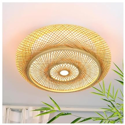 Bambus Deckenleuchte LED, Rattan Lampe mit Fernbedienung, Dimmbare Deckenlampe – Handgewebte Naturfaser Pendelleuchte E27 40W, Kronleuchter für Wohnzimmer, Schlafzimmer, Flur, Küche (40cm, Gelb)