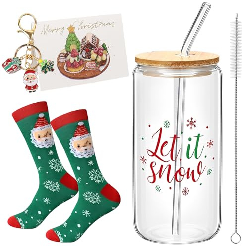Weihnachtsgläser mit Deckel & Strohhalm, 500 Ml Weihnachtstassen, 6 Stück Weihnachtsgeschenke mit Reinigungsbürste Schlüsselanhänger Grußkarte Weihnachtsstrumpf, Verwendbar als Trinkgläser, Saftbecher