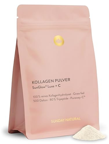 SUNDAY NATURAL® SunGlow® Luxe – 190g – Gold-Standard Collagen Pulver mit Vitamin C – Bioaktives Kollagen Pulver hydrolysat – Hergestellt aus Kollagen Typ 1 & 3–Exzellente Löslichkeit–Geschmacksneutral