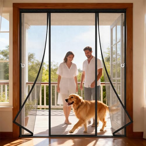 Moustiquaire de Double Porte Magnétique Sans Perçage Rideau Double Porte Anti Mouches et Insectes Deux côtés ouverts Fermeture Automatique Pour Fenêtres Patio Couloirs-Black||240x200cm(94x79in)