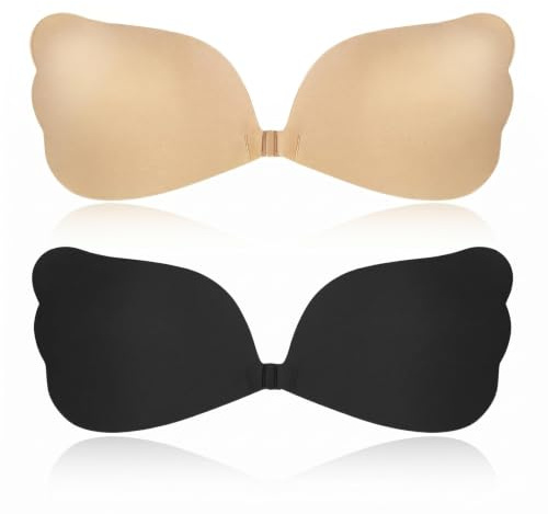 Klebe BH Trägerloser Silikon BH 2er Set Schwarz & Hautfarbe Push-Up Unsichtbar Atmungsaktiv Rückenfrei Klebepads für große und kleine Brüste Ideal für Abendkleid Brautkleid und rückenfreie Kleidung
