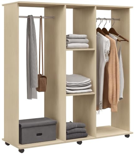HOMCOM Stand Appendiabiti con 6 Ruote, da Terra, 5 Ripiani, Color Legno | 2 Aste per Vestiti, Guardaroba Porta Abiti, Legno e Alluminio, Camera da Letto, Soggiorno, Corridoio, Ingresso