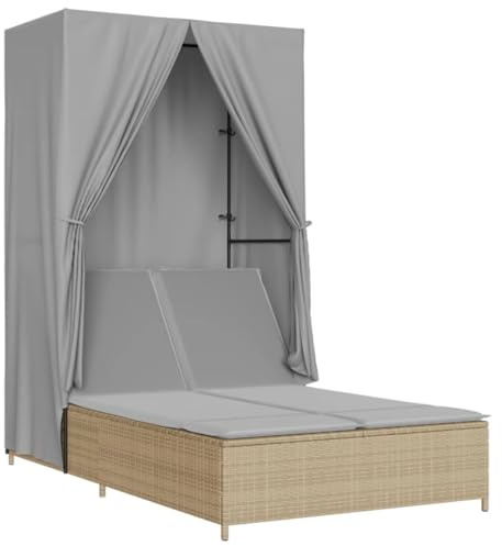 Qnhdfrt Doppel-Sonnenliege mit Dach und Vorhängen, Gartenliege aus Poly Rattan, Gartenmöbel mit Verstellbarer Rückenlehne, 104 x 197 x 193 cm, Beige