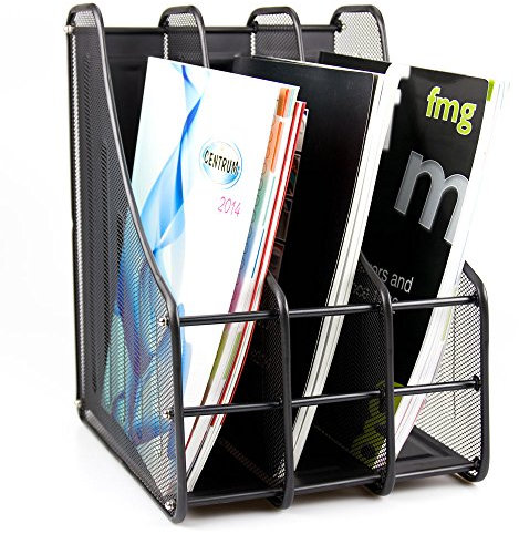 Desktop Metal Magazine Holder - 3 Sections Magazine File Organizer Rack Storage for A4 Document, Notebook, Newspaper - Ideal for Home, Office, Schools - Mesh Black