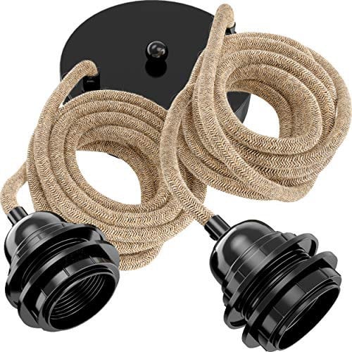 Hoopzi - Pendelleuchte 2 Flamming - 2,5m Textilkabel Seil und Schwarz - 2 X E27 Fassung - Vintage, Industrial Für Esstisch, Wohnzimmer, Esszimmer, Zimmer, Schlafzimmer, Küche