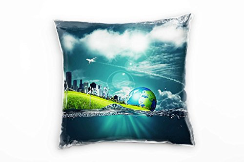 Paul Sinus Art Illustration, türkis, grün, Erde, Windmühle, City Deko Kissen 40x40cm für Couch Sofa Lounge Zierkissen - Dekoration zum Wohlfühlen