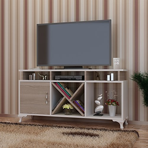 Hanah Home Modern TV Stand with Wall-Mount Option, White & Cordoba, 120 cm | 100% Melamine Coated Particle Board, 18 mm Thick | Stylish Design with Multiple Shelves