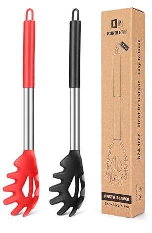 Pack of 2 Silicone Pasta Fork, Kitchen Heat Resistant Noodle Spoon Server, BPA Free Spaghetti Strainer,Best Cooking Tools (FB-109-BR)