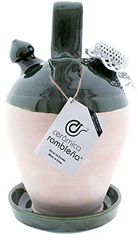 CERÁMICA RAMBLEÑA | Botijo de Barro Tradicional Filo Verde de La Rambla (Córdoba) | 100% Hecho a Mano | 4 litros | Eco | Accesorios INCLUIDOS