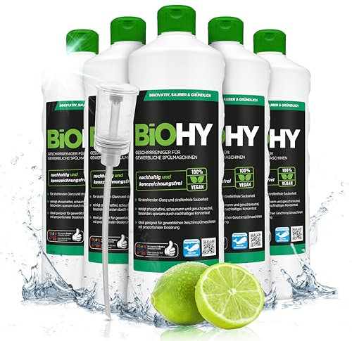 BiOHY Détergent pour lave vaisselle (6 x 1l Bouteille) + Distributeur | SANS PHOSPHATES concentré pour la gastronomie | brillance grâce à une formule exceptionnelle (Geschirrreiniger)
