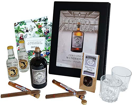 Monkey 47 Schwarzwald Dry Gin Geschenk Set | Männer Set mit Gin, Tonic Water, Gläser, Zigarren und Dragee´s | Geschenkkorb 9-teilig | Geschenk für Männer | Geschenkideen mit Alkohol | Präsentkorb