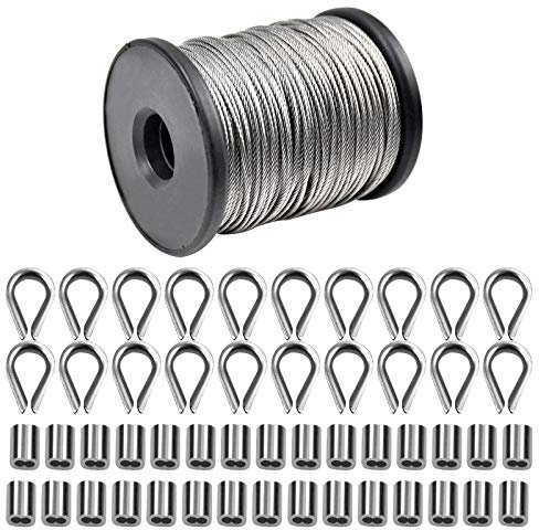 50m x 1.5mm Cable de Acero Cuerda de Alambre Acero Inoxidable, 30 piezas 1.5mm Manga de Engarce de Aluminio, 20 piezas M2 Dedales de Cable, Cable de Fotos Tendedero Kit Suspensión de Cuerda