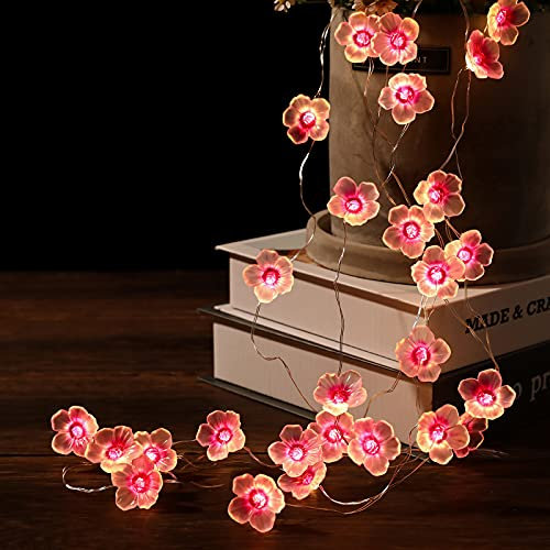 30 LEDs Kirschblüten Lichterketten Batteriebetrieben für Schlafzimmer 3m Wanddekoration Spiegel Dekorative Fee funkelnd Rosa Hängende Blume Beleuchtung für Wohnzimmer Vorhang, Terrasse