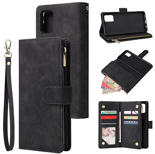 QLTYPRI Hülle für Samsung Galaxy A51, Premium Leder Handyhülle mit Große Kapazität 6 Kartenfach & 1 Reißverschluss Tasche Ständer Schutzhülle für Samsung Galaxy A51 - Schwarz
