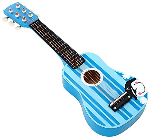 SOKA Wooden Blue Striped Guitar Musical Instrument Pretend Play Music Toy Interactive Role Play Game Early Developmental Gift for Children Toddler Kids Boys Girls Ages 3 year old +