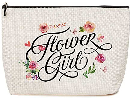 HOWDOUDO Blumenmädchen-Geschenk, Brautpartygeschenke, Blumenmädchen-Make-up-Tasche, Hochzeits-Partygeschenk, Geschenk von der Braut, Make-up-Tasche für Frauen, Beige